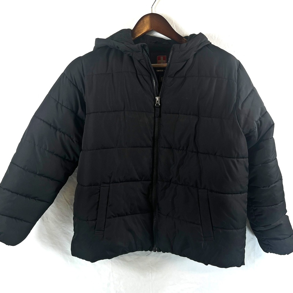 SwissTech Boys L 10-12 Husky Black Hooded Puffer Jacket Fleece Lined Winter